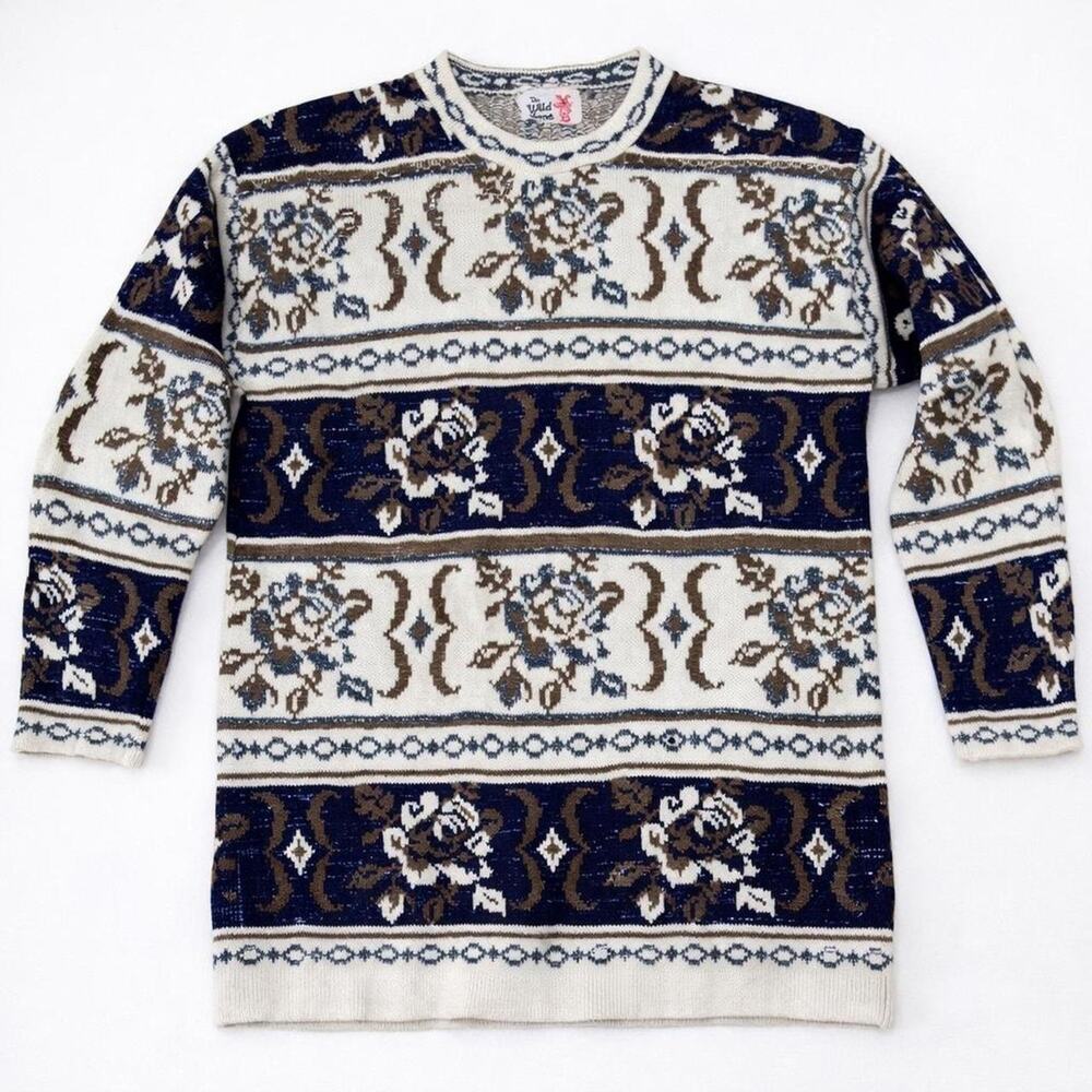 70s Or 80s Sweater Floral Blue Grannycore Cottagecore Lurex Ski Warm Cozy Unisex